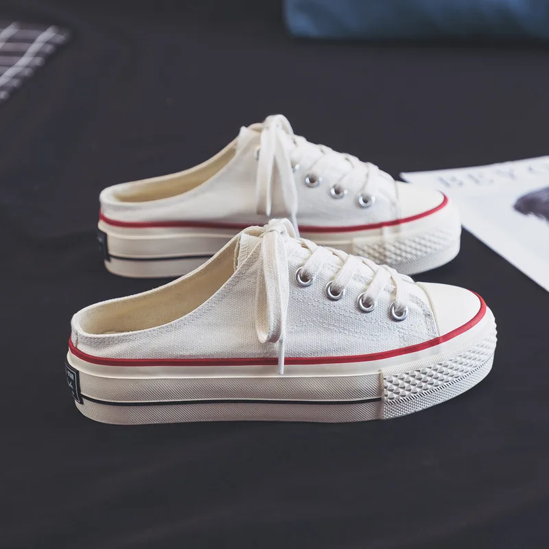 

White Vulcanized Shoes Women Summer Sneaker Canvas Shoes Spring 2020 New All Match Good Quality Basic Style Slip on Half Slipper