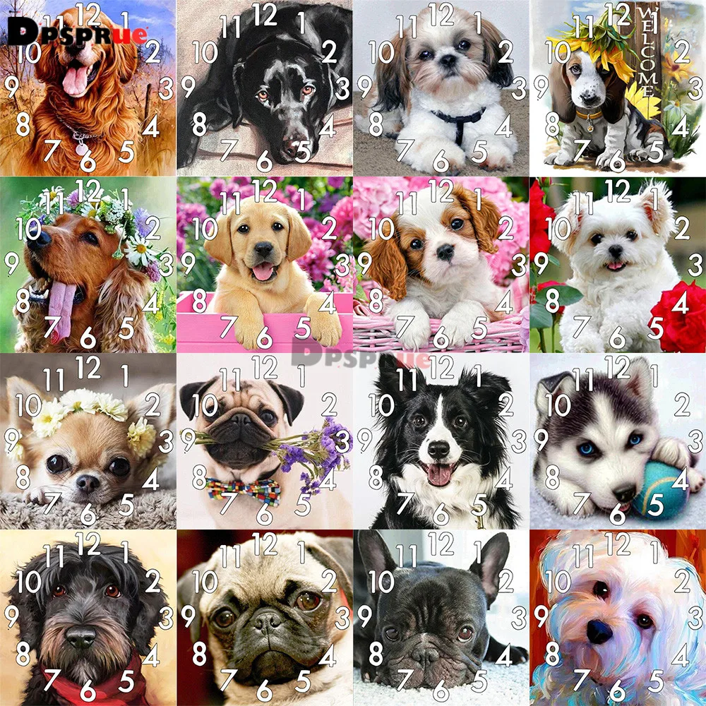 

Dpsprue Full Diamond Painting Cross Stitch Animal Dog With Clock Mechanism Mosaic 5D Diy Square Round 3d Embroidery Gift