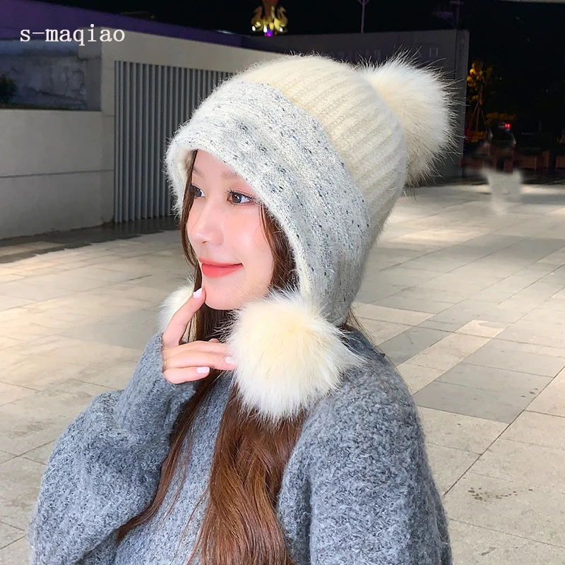 

New Winter Hat For Women Rabbit Fur Pompom Fur Knitted Beanies Thick Warm Vogue Ladies Wool Sweet Earflap Hat Female Beanie Cap