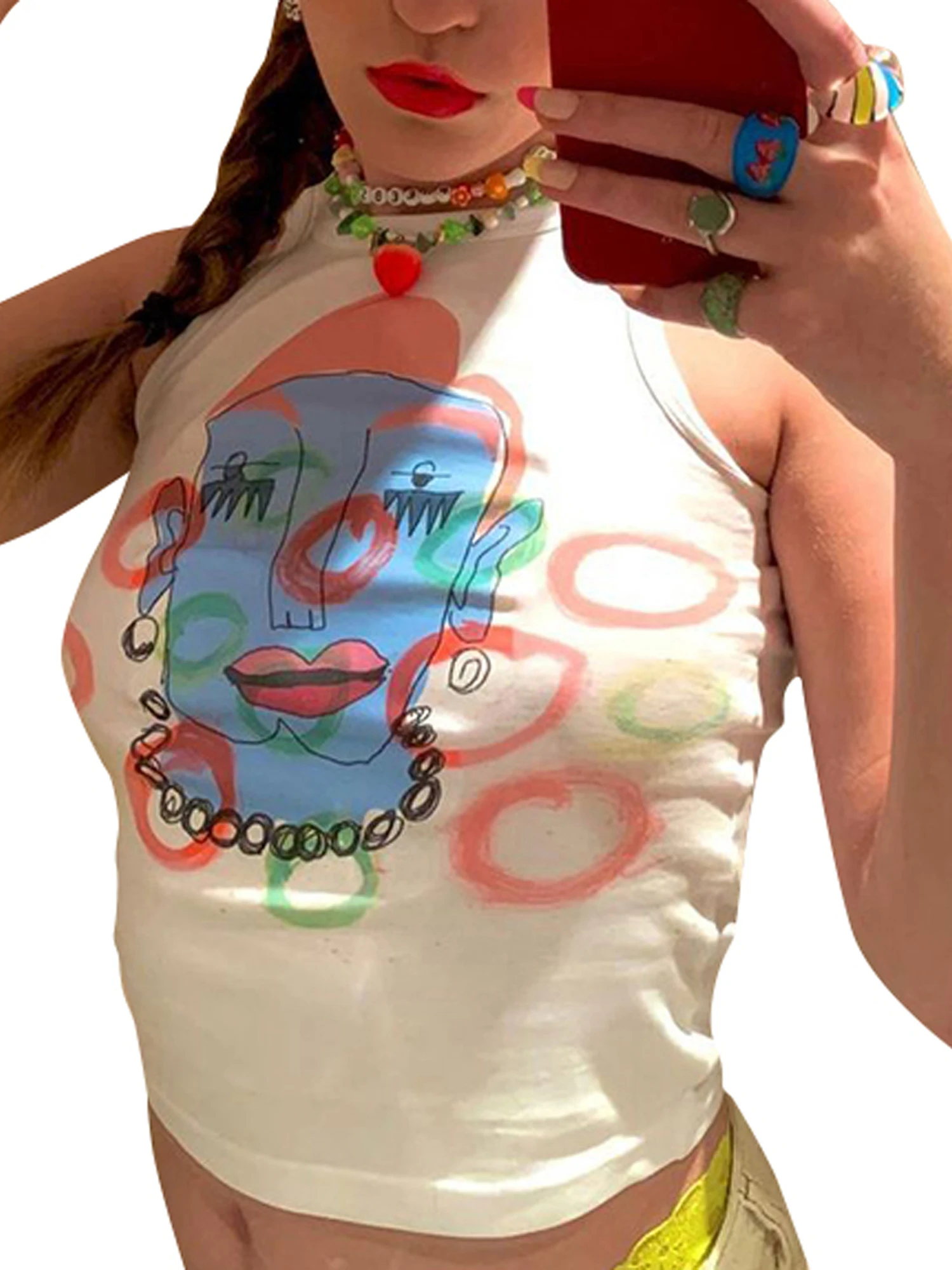 

2021 Women Summer Tank Top, Adults Slim Fit Sleeveless Cartoon Print Round Neck Crop Top