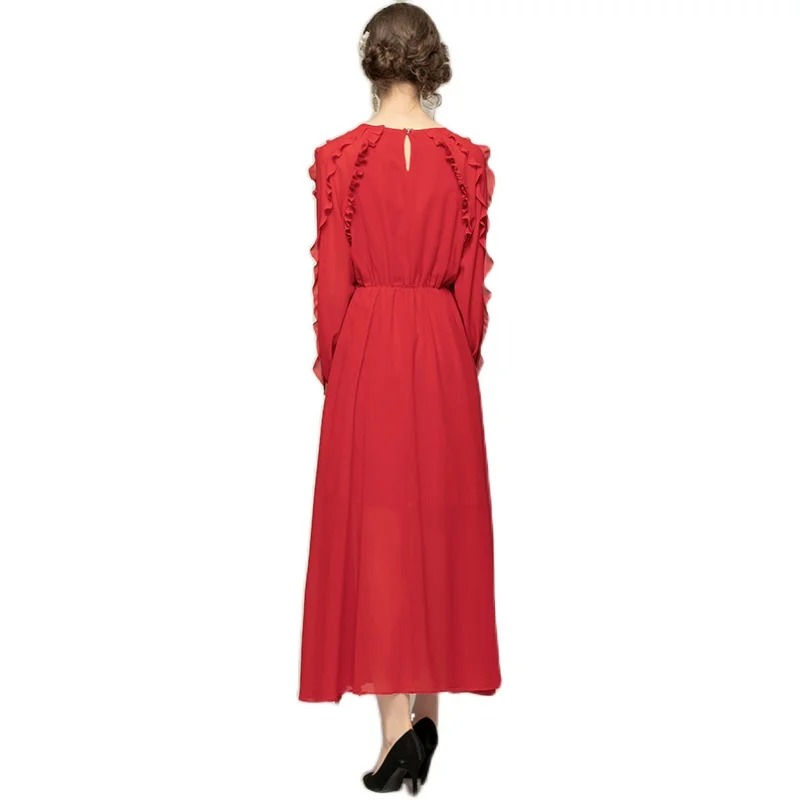 

COIGARSAM Bohemian Ruffles Women dress Patchwork Chiffon Dresses Red 8137