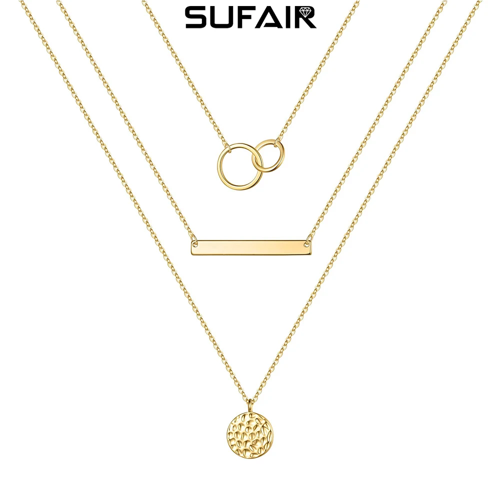 

Sufair 3pc Layered Interlocking Bar Hammered Disc Pendant Necklace for Women 14k Gold Filled Chain Necklaces Girl Jewelry