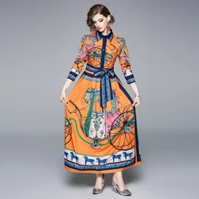 Robe Vintage imprimée Maxi pour femmes, avec nœud papillon, longueur cheville, robes de soirée régulières, grande chemise pivotante, 2021  (1)