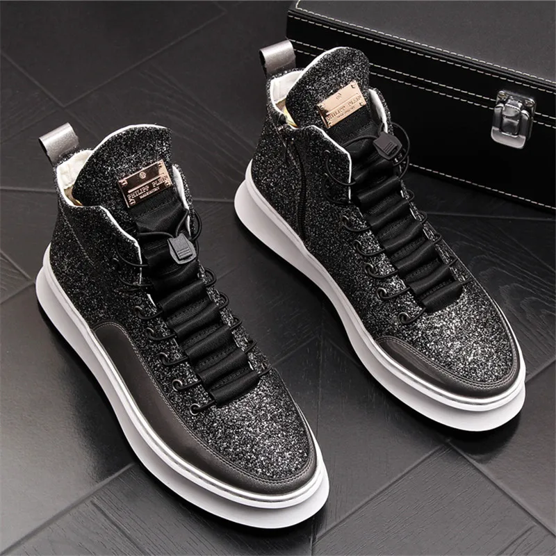 Harga Sepatu Pria Hip Hop Emas Sneakers Punk Sepatu Bot Pergelangan Kaki Atasan Tinggi Penambah Tinggi Flat Kasual Selebriti Web Zapatillas Hombre