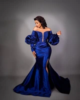 arabic aso ebi royal blue mermaid evening dresses long sleeves beaded prom dress taffeta formal party second reception gowns