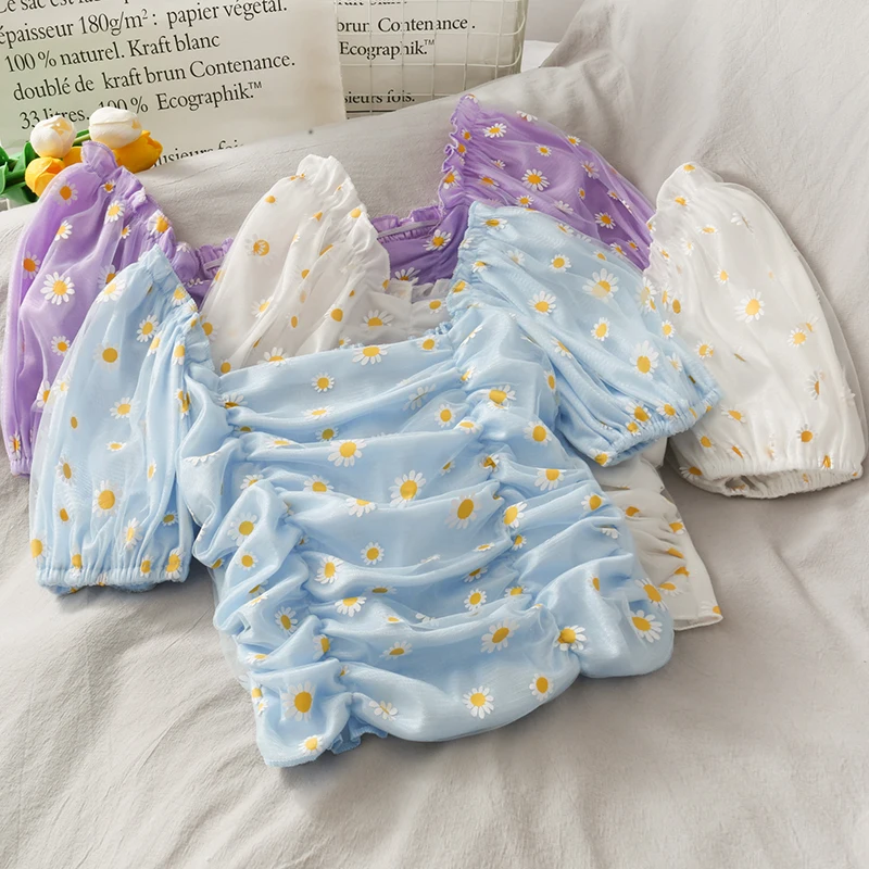 Summer Sweet Fairy Vintage Top Female Short Slash Neck Off Shoulder Puff Sleeve Shirts Women Mesh Chiffon Embroidery Blouses