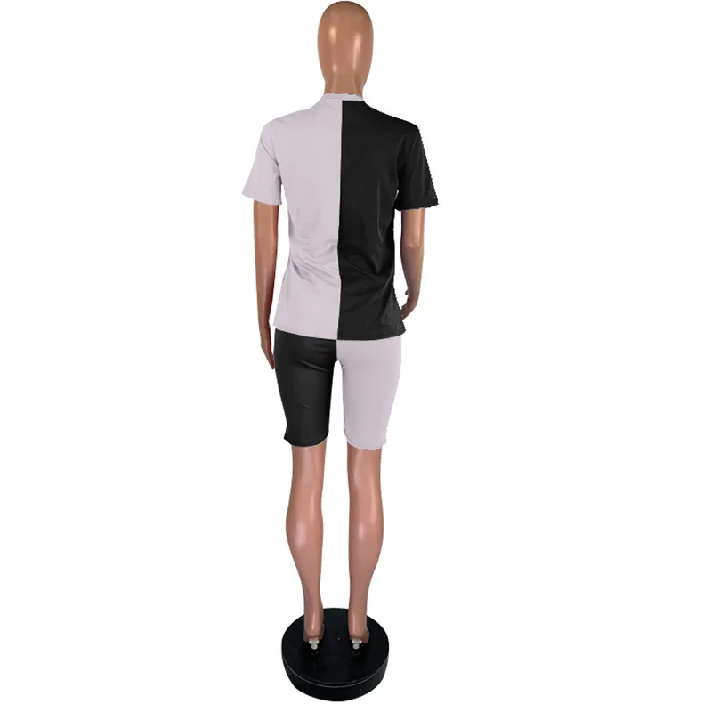 

Plus Size Fitness Two Piece Matching Sets Women Clothes 2021 Letter Print Top And Bodycon Short Sweat Suits Color Block Outfits