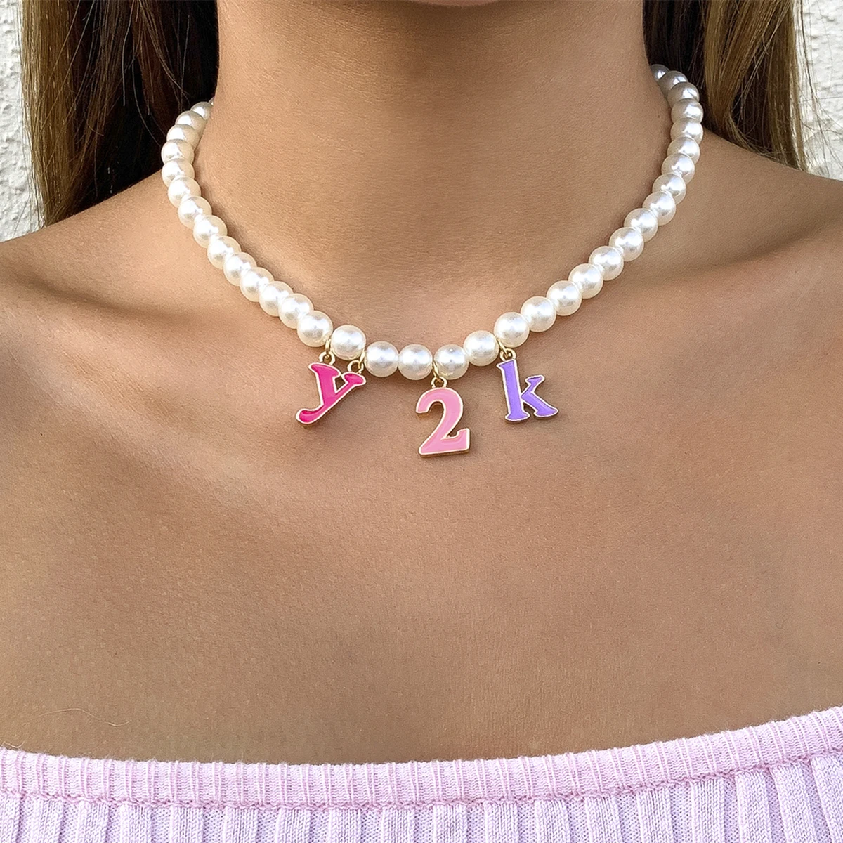 

Lacteo Y2K Heishi Clay Beads Resin Letter Pendant Necklace Bohemian Imitation Pearls Chain Choker Necklace Jewelry For Women