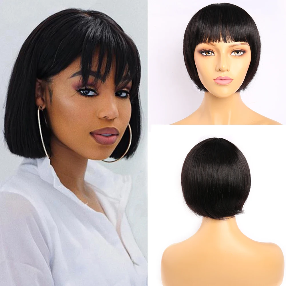 Парик из натуральных волос Maxine короткий парик с челкой 150% прямые волосы remy