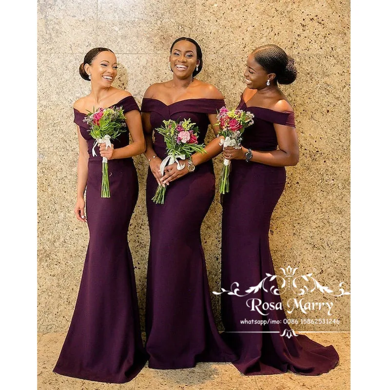 

Plus Size Purple Mermaid African Bridesmaids Dresses 2020 Off Shoulder Cheap Simple Satin Country Beach Maid Of Honors Gowns