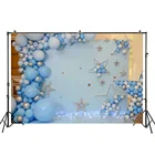 Фон для фотосъемки с изображением голубого и серебряного цветов, декоративные обои, воздушные шары, арка, звезда, портрет торта