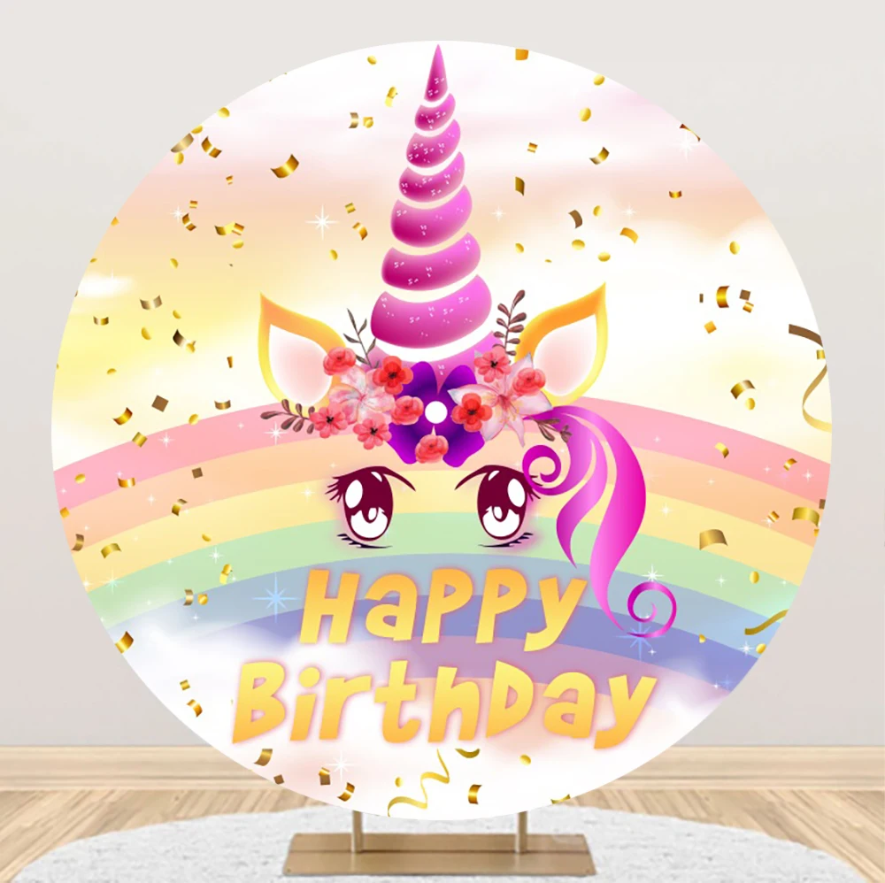 

Laeacco Rainbow Unicorn Child Happy Birthday Party Round Circle Backdrop For Photography Portrait Customized Poster Backgrounds