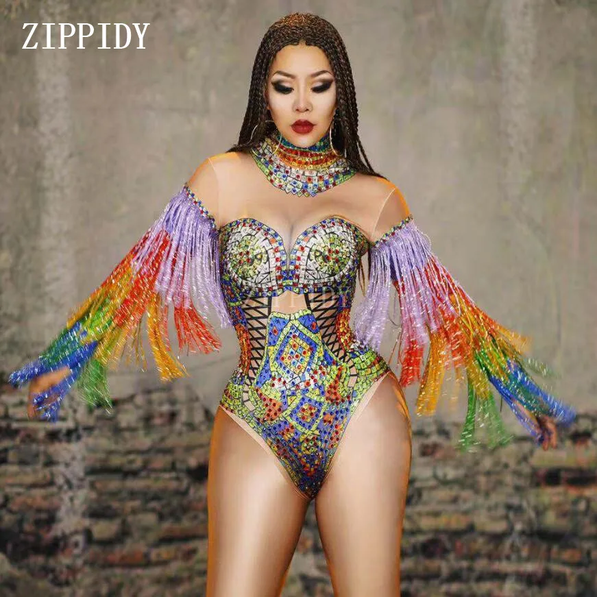 Красочный костюм Стразы с бахромой Женский на день рождения празднование