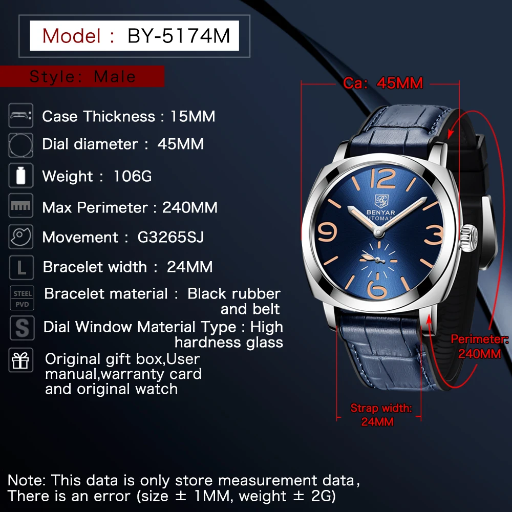 

2021 BENYAR Top Brand New Men's Watch Automatic Mechanical Watch Luxury Military Waterproof Business Sports Clock Reloj Hombre