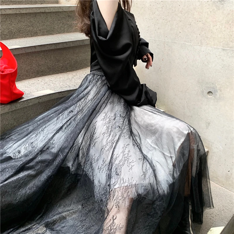 

Elegant Two Piece Set Women's Sexy Shoulder Short Blouse + High Waist Mesh Long Skirt 2021 New Spring Girls Sweet Skirts Suit