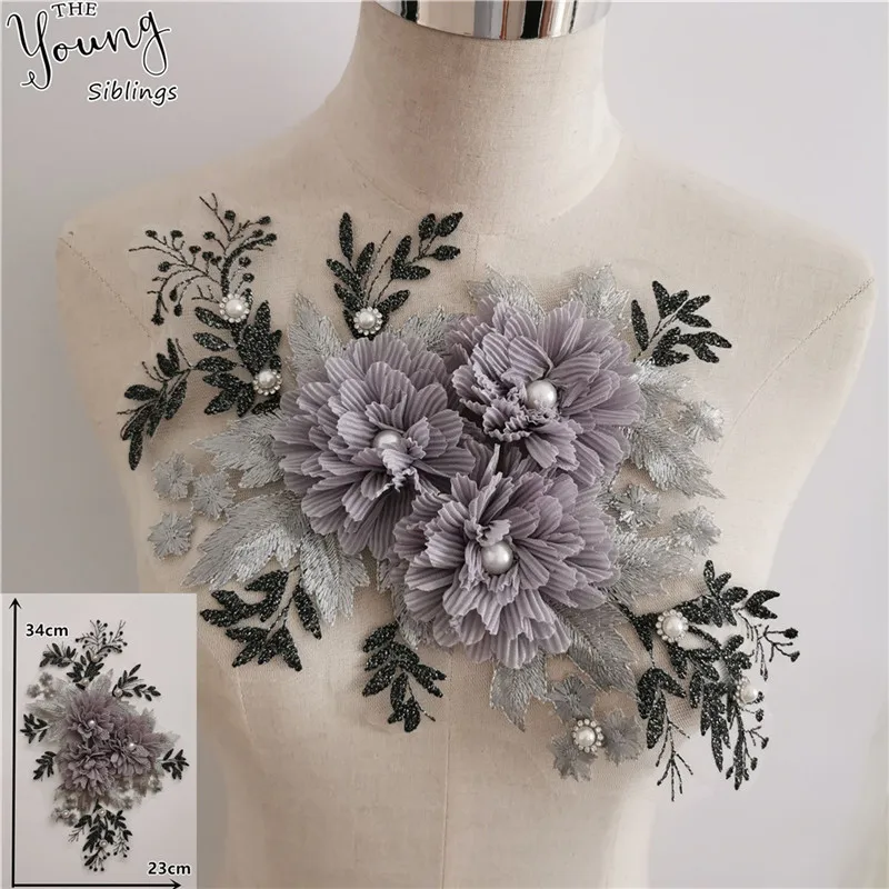 

1Pc Embroidery Beaded Lace Applique Fabric Embroidery Trims Wedding Bridal Applique For Stage Costume Dress 35X34cm
