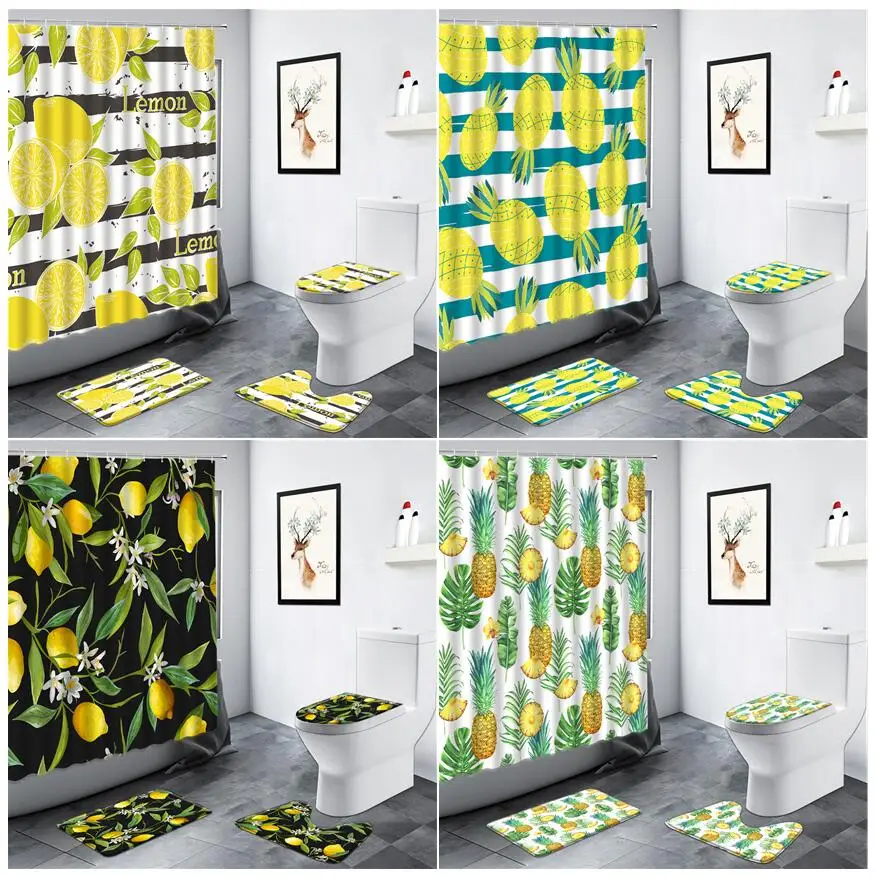 

Tropical Fruits Lemon Pineapple Shower Curtain Green Monstera Palm Leaves Creative Bathroom Decor Carpet Toilet Rug Bath Mat Set