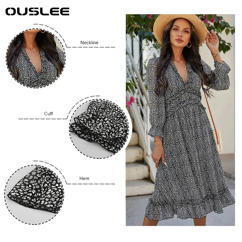 OUSLEE 2021 Новые цветочные шифоновые платья для женщин V образный вырез с оборками