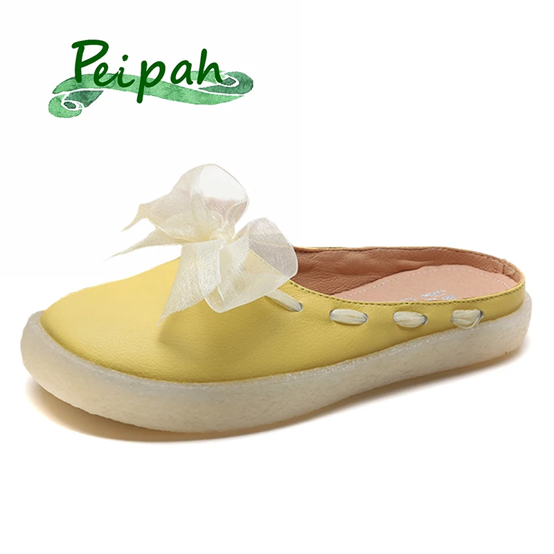 

PEIPAH Summer Outside Genuine Leather Shoes Woman Wrapped Toe Slippers Female Butterfly-Knot Flat With Shallow Slides Plus Size