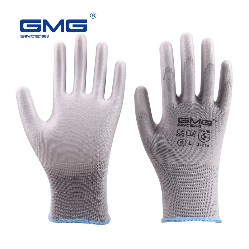 

6 Pairs Working Safety Gloves GMG Grey Polyester Shell Grey PU Coating Work Safety Gloves Hand Gloves Mechanic