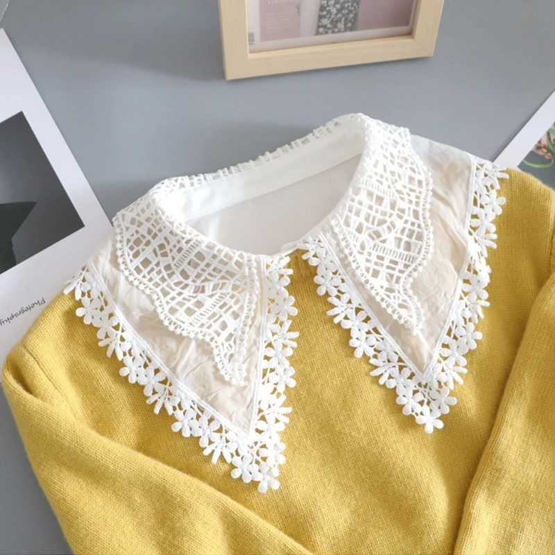 

Women Double Layer Large Lapel False Fake Collar Sweet Hollow Out Floral Lace Chiffon Decorative Detachable Half Blouse
