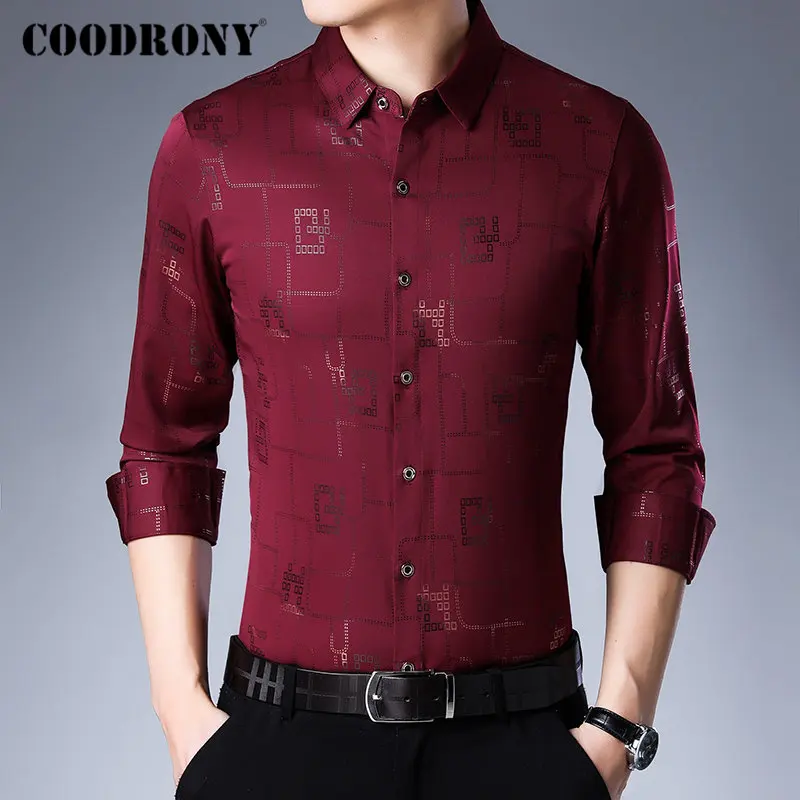 Красный Бренд COODRONY, мужские рубашки с длинным рукавом, хлопковая Мужская рубашка, Осень-зима, мужские повседневные рубашки, уличная мода, Camisa Masculina 96067 - Цвет: Красный