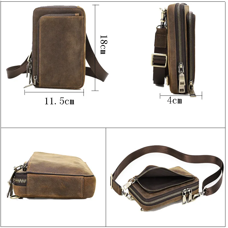 Men's Crossbody Bag Genuine Leather Shoulder Sling Bag Small Messenger Waist Pack Multifunctional Long Wallet for Men