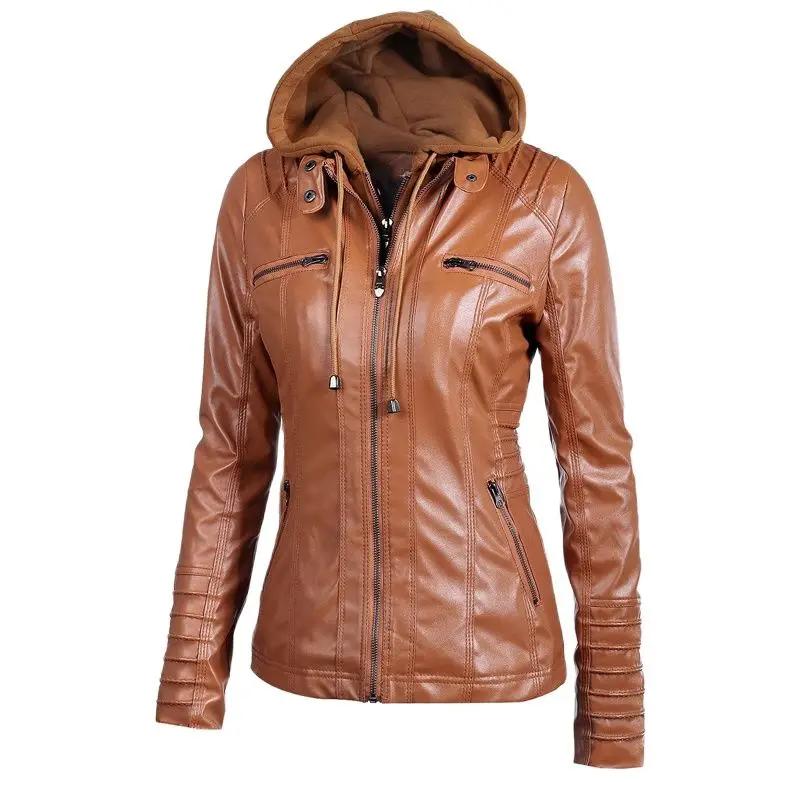 

New Women Faux Leather Jacket Pu Motorcycle Hooded Hat Detachable Casual Leather Plus Size 5xl Punk Outerwear