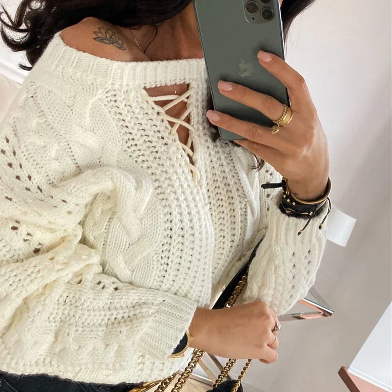 

Nowsaa Knit Sweaters Women Spring Autumn Winter Hollow Out Sexy O Neck Off Shoulder Pullover Top Casual Long Sleeve Warm Sweater