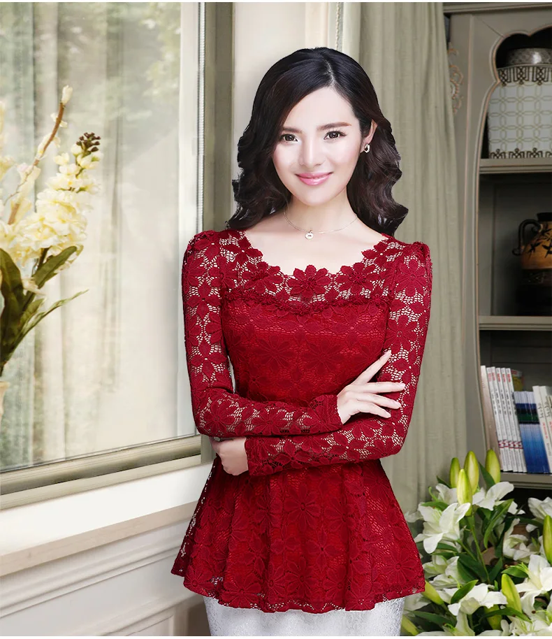 Модные женские топы женская блузка с оборками кружевная рубашка длинным рукавом