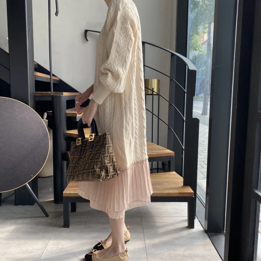 

2020 New Winter Elegant Patchwork Dresses for Women O-neck Lantern Sleeve Vintage Dress Loose Knitted Thick Sweater Vestidos