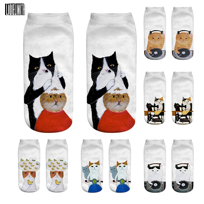

3D Printed Women Short Socks Spoof Cat Cute Girls Boys Happy Socks Summer Comfortable Cotton Street Canvas Shoes Low Ankle Socks