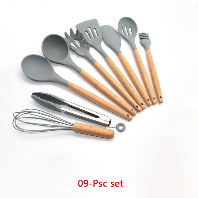 9-Pcs kitchen set 11-13 шт Силиконовая кухонная утварь набор кухонной утвари антипригарный шпатель Премиум деревянная ручка с ящиком для хранения кухонные инструменты - Цвет: 9-Pcs kitchen set