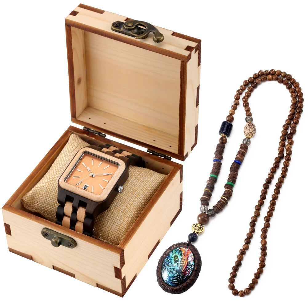 

Luxury Wooden Quartz Wristwatch Gift Box Fashion Men Square Calendar Wood Watch with Vintage Bead Necklace Set 2021 for Husband