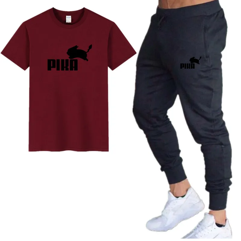 24maroon black Летние популярные мужские комплекты новые футболки с принтом пика+ штаны комплекты из двух предметов Повседневный Спортивный костюм Мужская Повседневная футболка тренажерные залы Фитнес Брюки - Цвет: 24maroon black