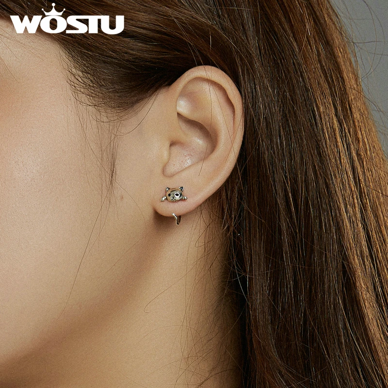 WOSTU 2020 Earrings 925 Sterling Silver Cute Cat Love Small Free-Pick Design Stud for Women Jewelry FIE965 | Украшения и