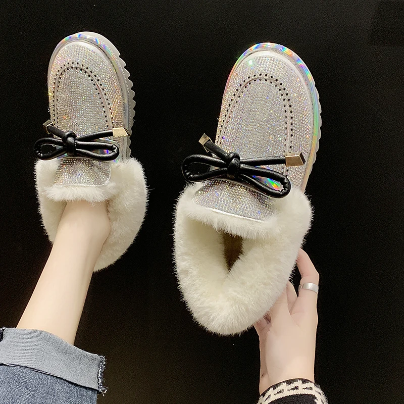 Shiny Glitter Snow Boots Women Fashion Warm Plush Ankle Boots Woman Non Slip Botas Mujer Butterfly-knot Decoration