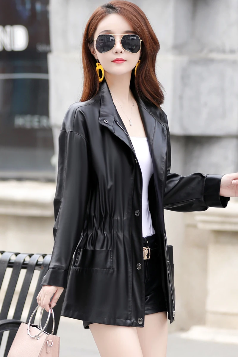 

JCHB 2021 new spring autumn Leather Jacket Women's motorcycle jacket loose mid-length women's large size leather