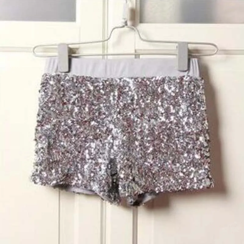 2017 Модные женские эластичные шорты с высокой талией и блестками серебристые