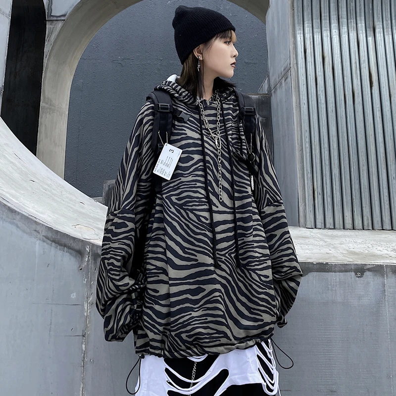 

New retro men's and women's hooded sweater loose trend zebra pattern long-sleeved shirt jacket pullover hooded straight sleeves