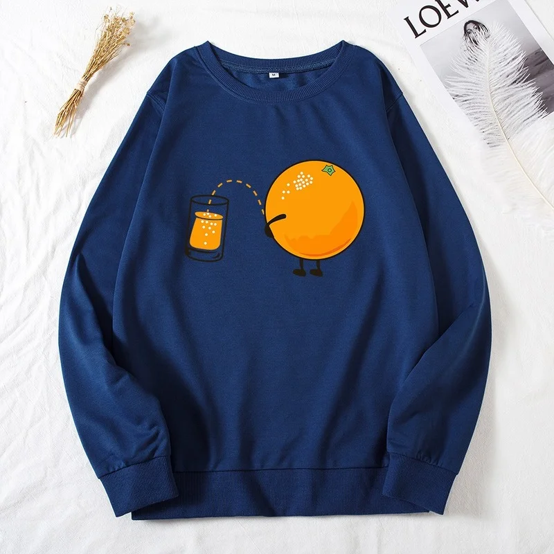 

Women Casual Fashion Long Sleeve Pullover Orange Juice Print Female Autumn Graphic Sweatshirt Ladies Regular O-Neck Hoodless Top