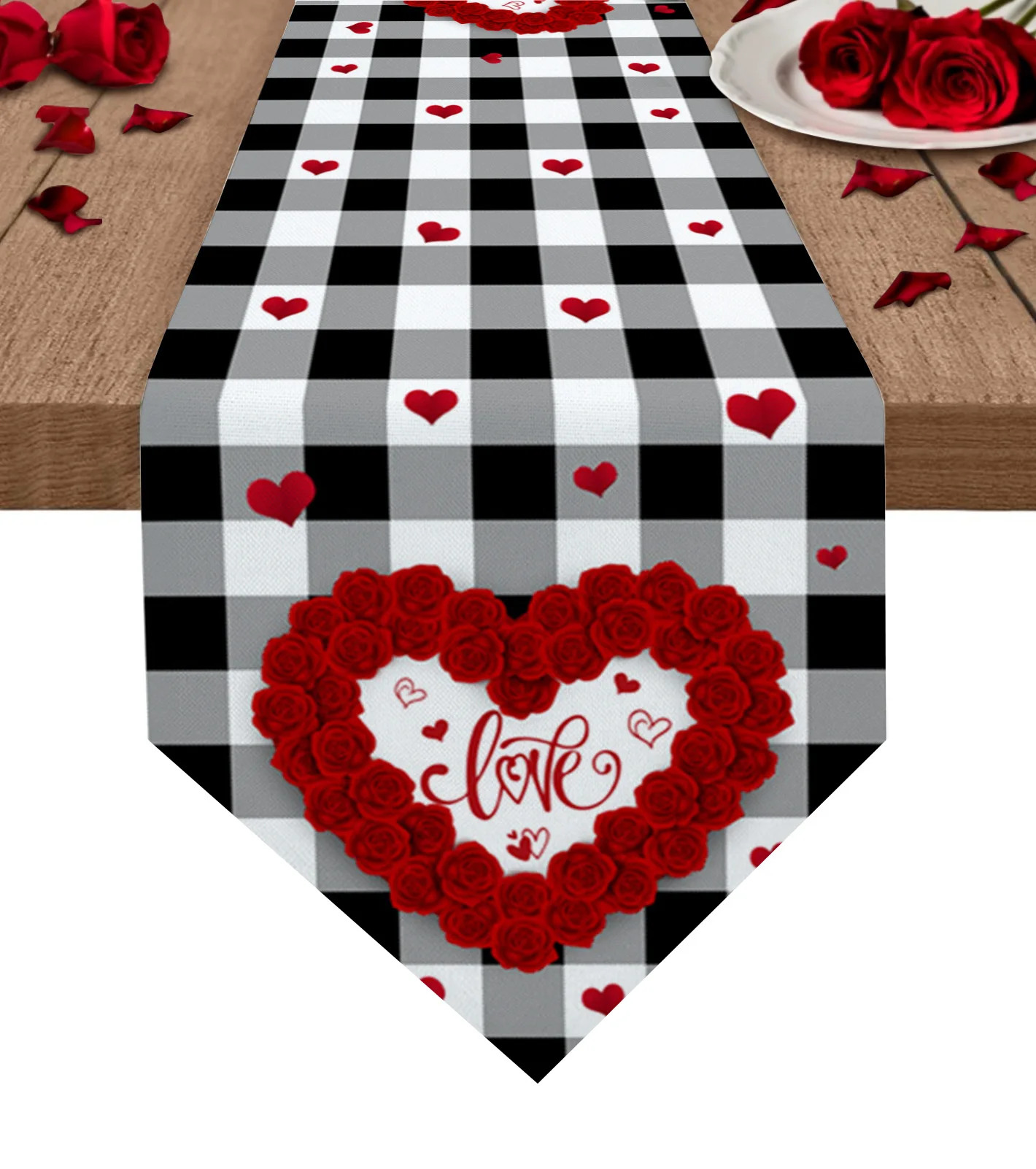 

Черно-белая решетчатая скатерть в виде сердца с розами, скатерть для свадебной вечеринки, украшение для кофейного стола, скатерть для стола