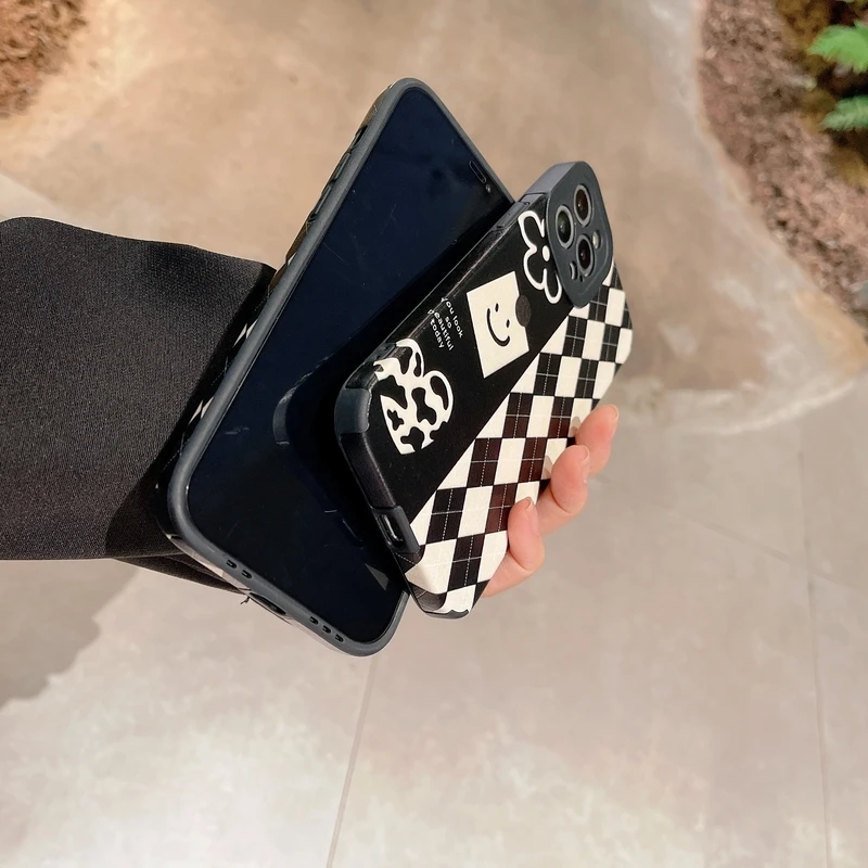 art retro smiley face graffiti plaid korea phone case for iphone 12 11 pro max x xs max xr 7 8 plus cases soft leather cover free global shipping