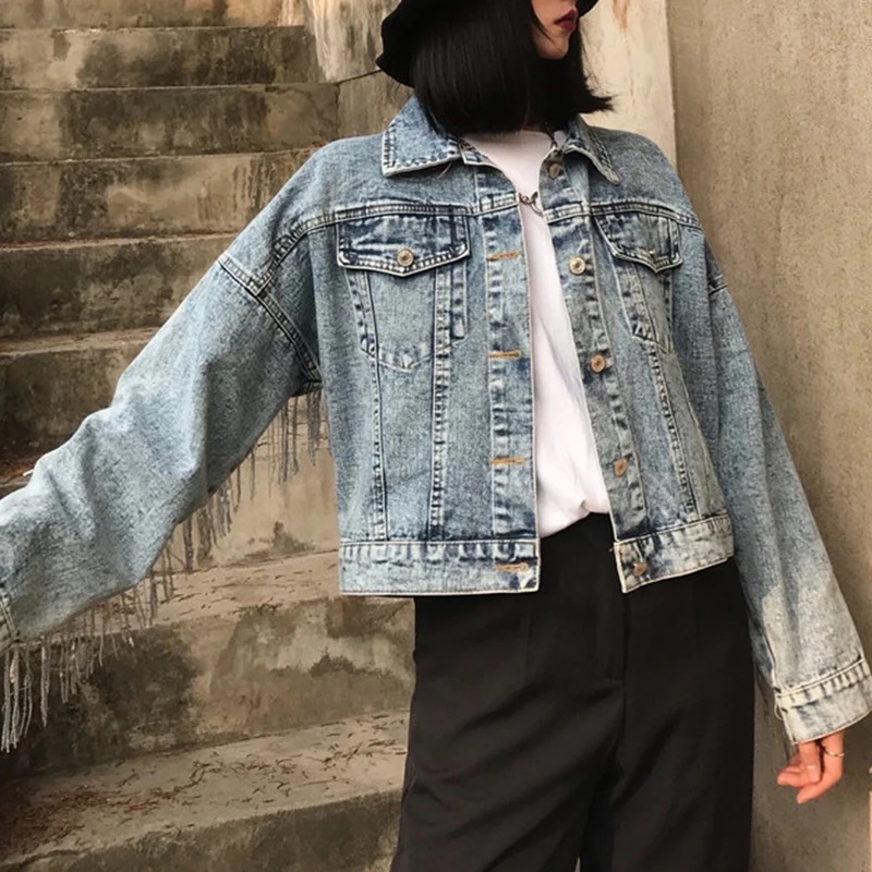 Возможно U Для женщин светильник синие джинсы куртка отложной воротник длинный