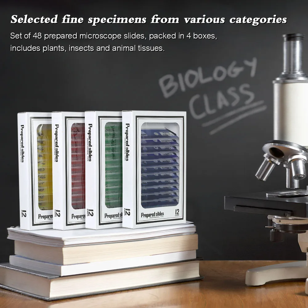 48pcs Plastic Microscope Slides Animals Insects Plants Issue Sample Specimens Set with Color Labels for Kids Students | Инструменты