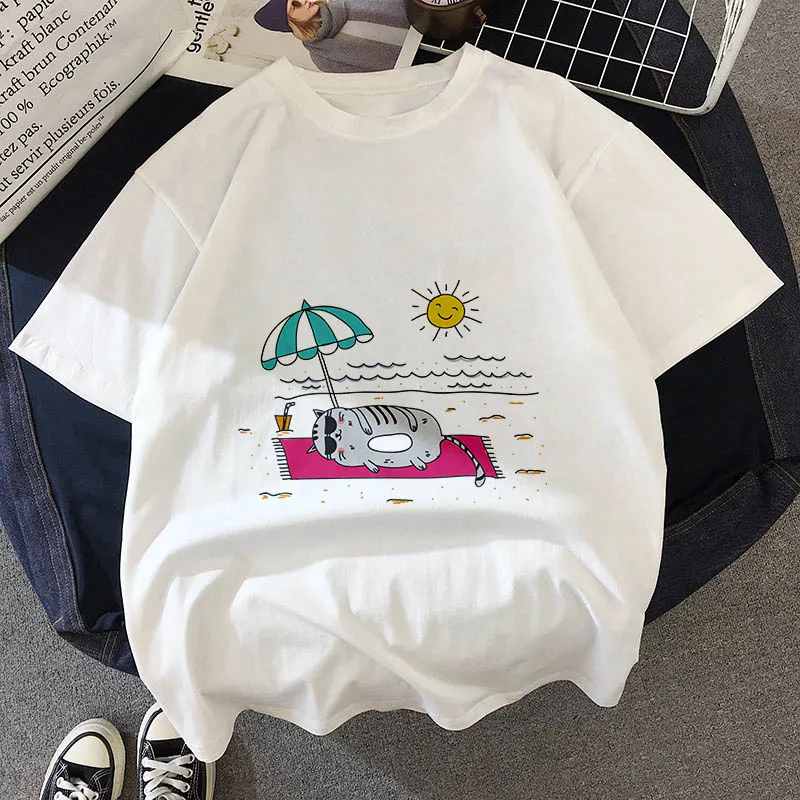 Kawaii, футболка с толстым котом, женская, новинка, летняя, милая, модная, короткий рукав, футболка, белая, тонкая, с секциями, хипстер, футболка, Топы, одежда