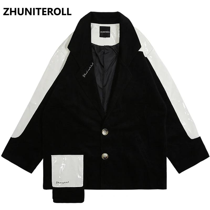 

2021 Teachwear Corduroy Men Blazer Suit Patchwork Hip Hop Formal Jacket Breasted Big and Tall Sweat Suits Good Quality Clothing