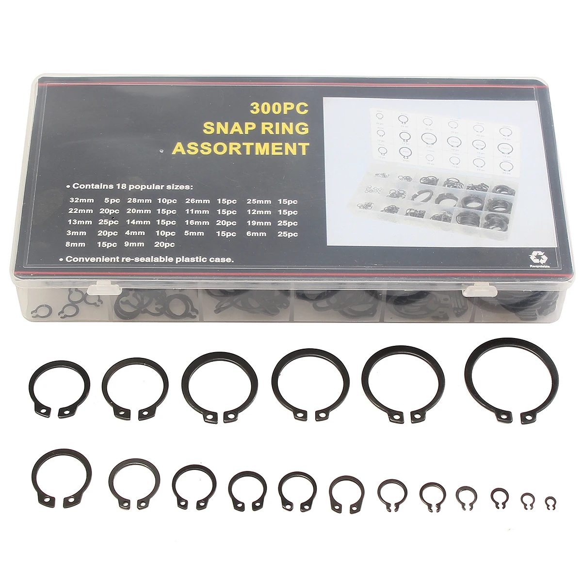

300Pcs 3-32mm Internal & External Snap Retaining Ring Circlip Washers C-Clip Repairs Assortment Set 18 Sizes With Box New