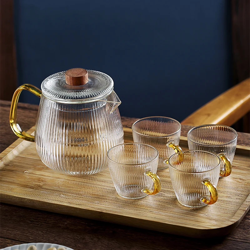 

Glass Teapot Duckbill Vertical Pattern Heat Resistant Glass Pot With Tea Filter Handle Kettle Coffee Jug Glass Tea Pot