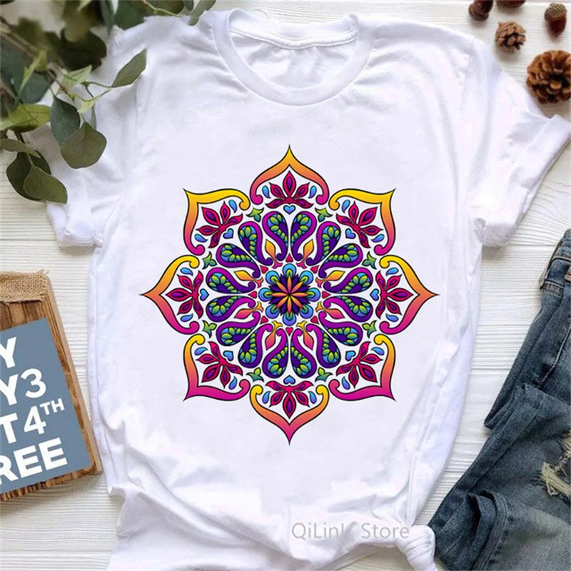 

Women Casual T-shirt Harajuku Vintage Mandala Print T Shirt Summer Short Sleeved O-Neck Tshirt Women Fashion Tops Tees Clothing